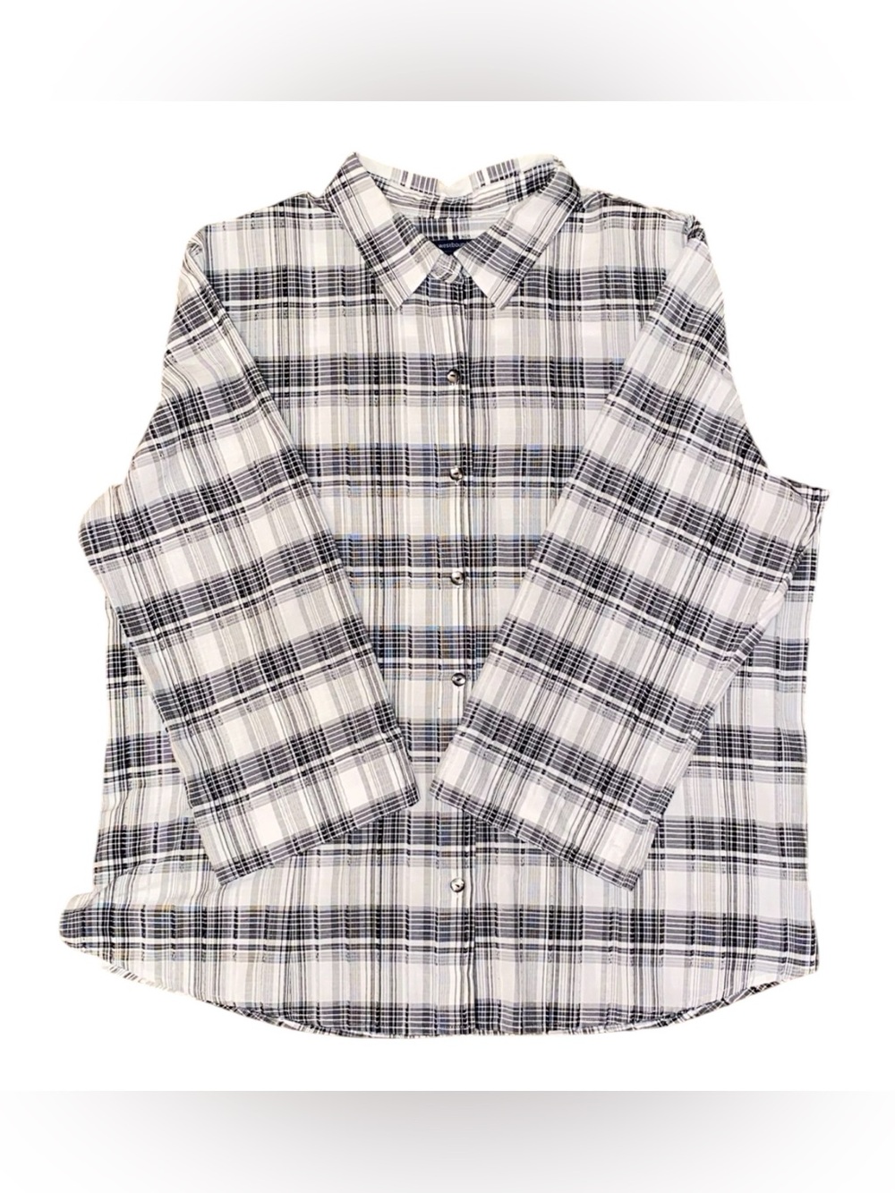 WESTBOUND Plaid Button-Down Shirt 3/4 Length Button Sleeves White Black Gray XL